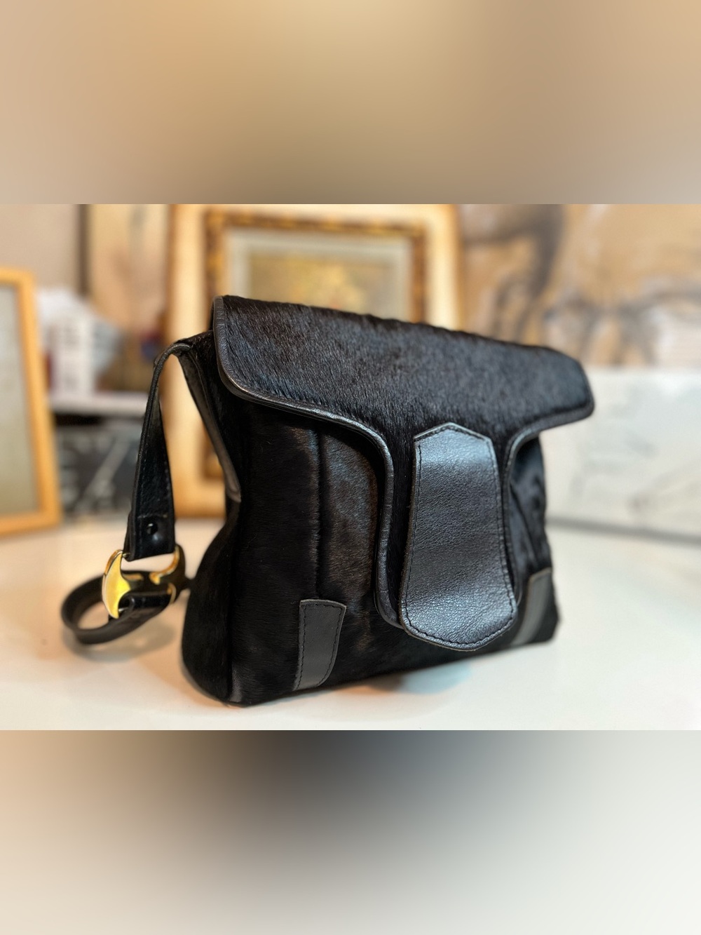 Black Leather and Calf Hair Shoulder Bag